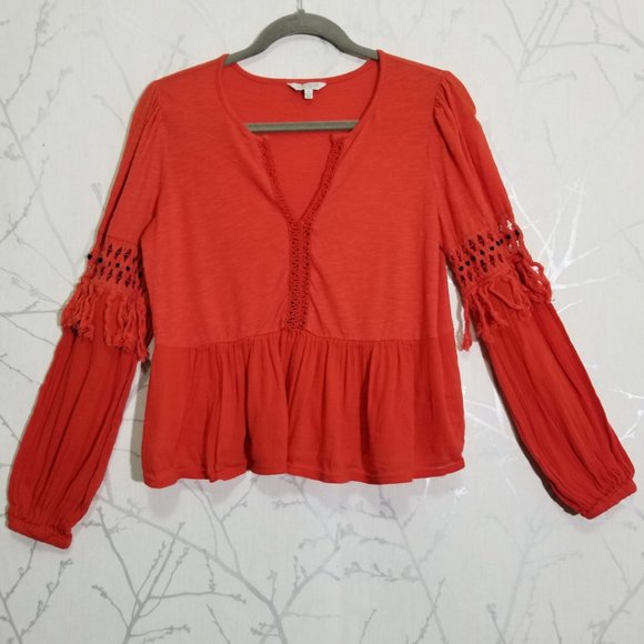 Lucky Brand Orange Cutout Fringe Peasant Blouse - Picture 2 of 4